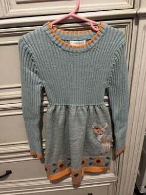 Cynthia Rowley Girls' Sage Green Knit Dress with Orange Trim & Deer Applique